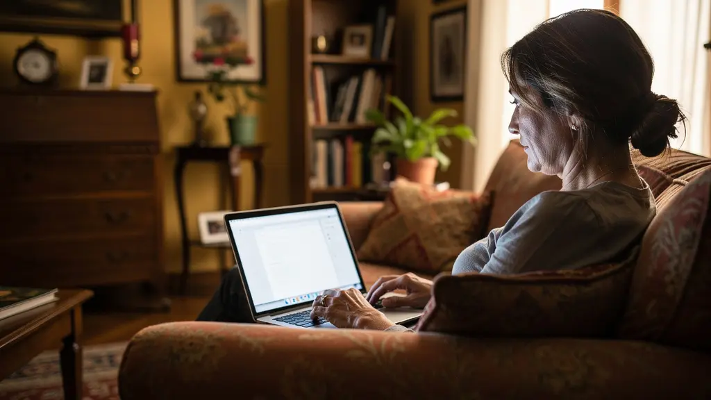 Donna italiana che consulta una valutazione immobiliare online dal soggiorno di casa