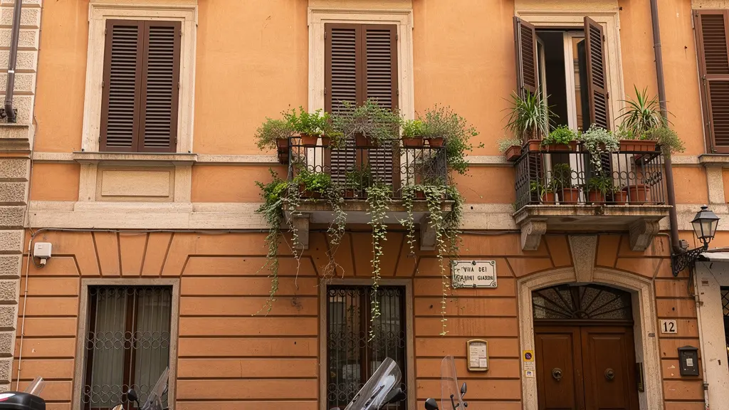 Facciata di un tipico palazzo residenziale romano con balconi fioriti
