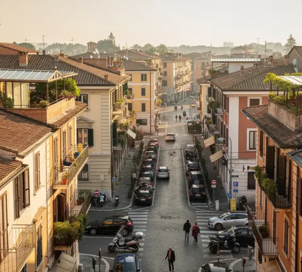 Panorama dei quartieri residenziali di Roma con palazzi storici e moderni al tramonto