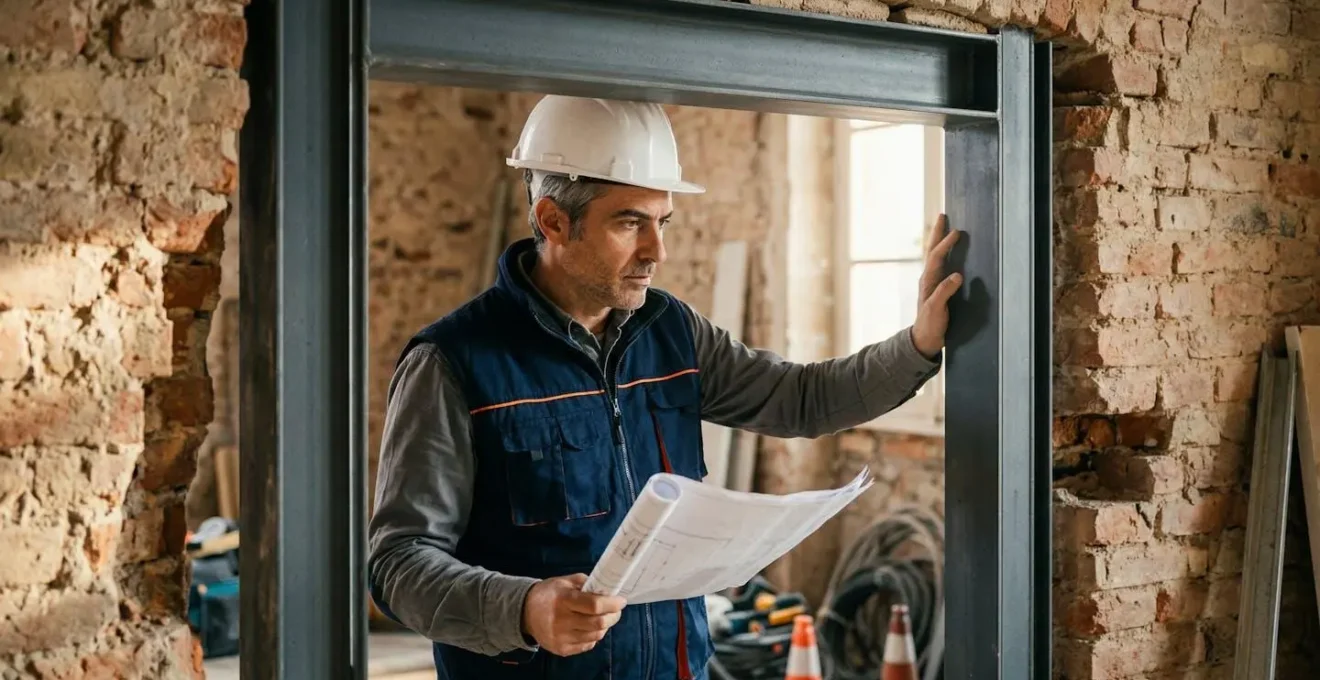 Ingegnere strutturista verifica un'apertura in un muro portante con cerchiatura metallica in un edificio italiano storico