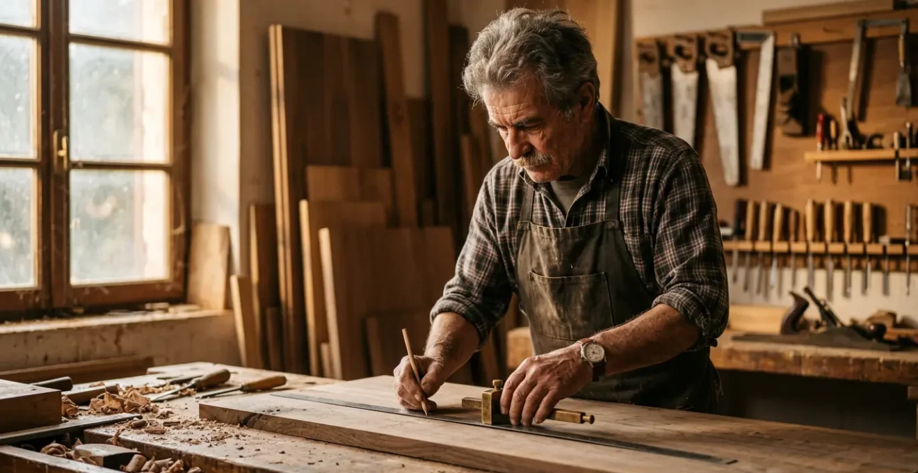 Falegname che lavora su pannelli di legno per armadio personalizzato in laboratorio artigianale italiano