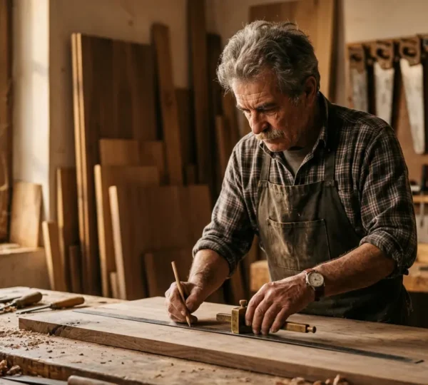 Falegname che lavora su pannelli di legno per armadio personalizzato in laboratorio artigianale italiano