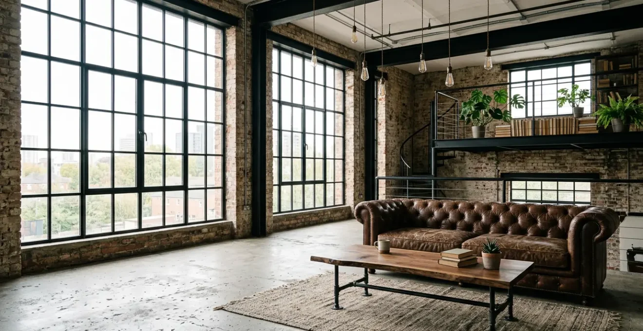 Interno loft industriale con mattoni a vista e mobili in metallo e legno