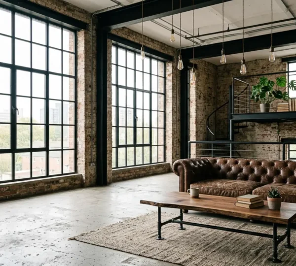 Interno loft industriale con mattoni a vista e mobili in metallo e legno