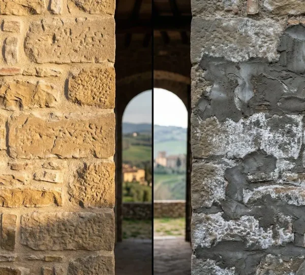 Confronto visivo tra applicazione di calce idraulica naturale e cemento su muratura storica