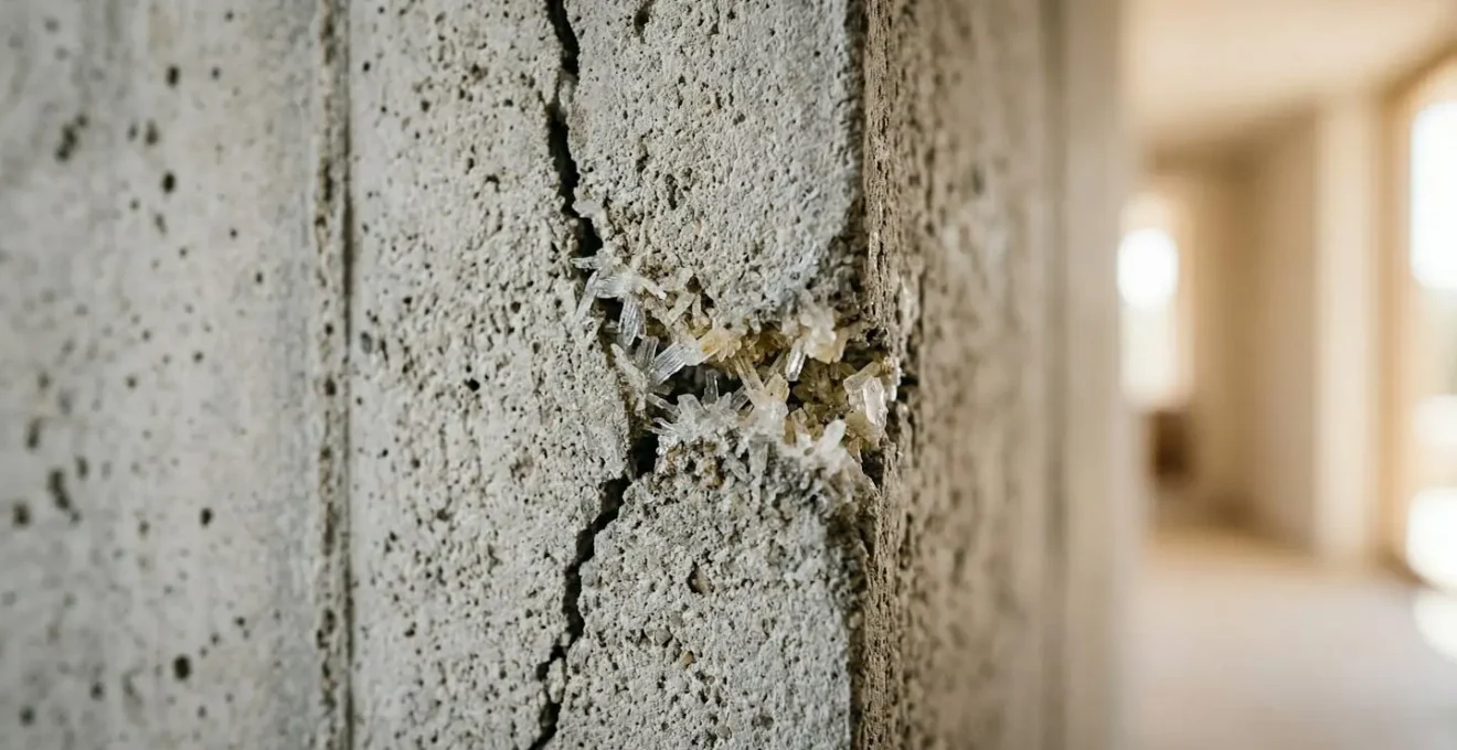 Parete moderna con crepe microscopiche che si autoriparano grazie al calcestruzzo bio-rigenerante