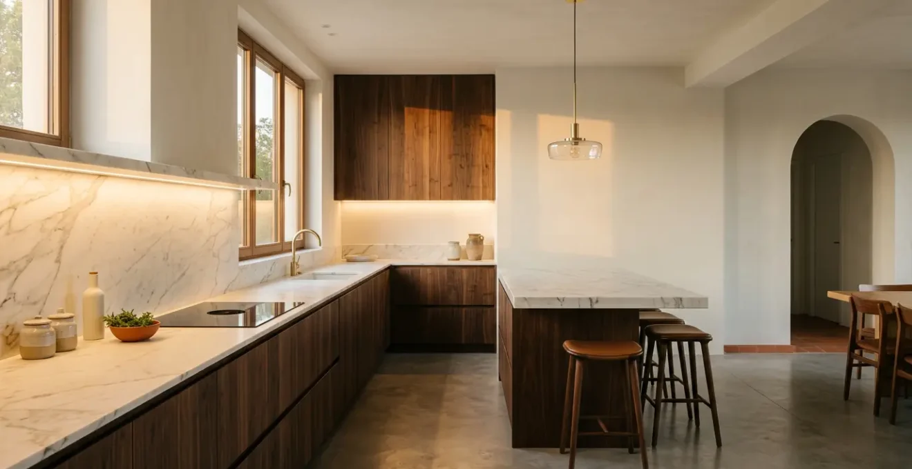 Vista di una cucina italiana moderna illuminata perfettamente senza zone d'ombra