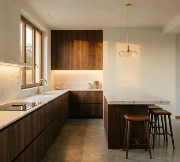 Vista di una cucina italiana moderna illuminata perfettamente senza zone d'ombra