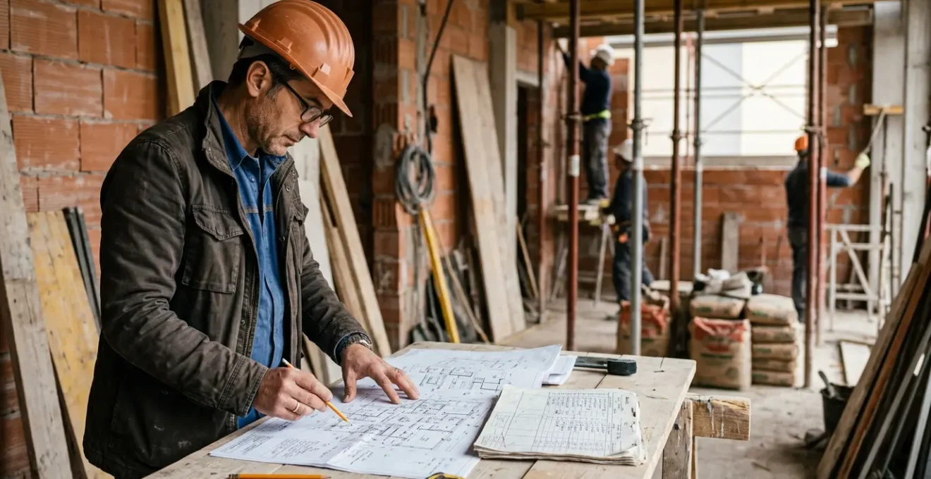 Cantiere di ristrutturazione con professionista che esamina documenti tecnici e computo metrico
