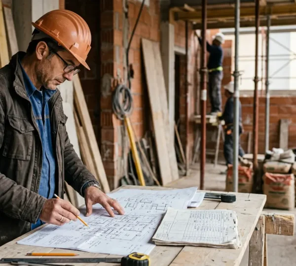 Cantiere di ristrutturazione con professionista che esamina documenti tecnici e computo metrico