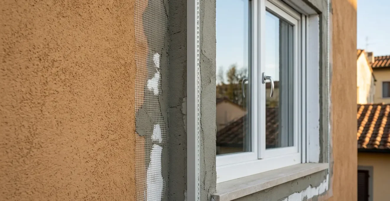 Vista dettagliata dell'installazione di un cappotto termico esterno attorno a una finestra in una casa italiana