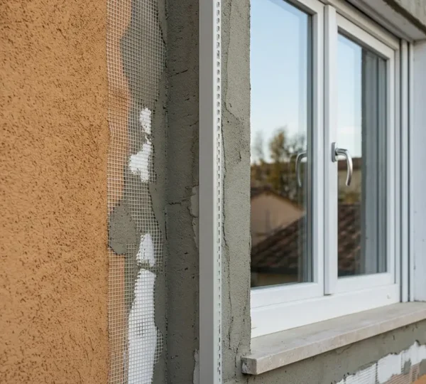 Vista dettagliata dell'installazione di un cappotto termico esterno attorno a una finestra in una casa italiana