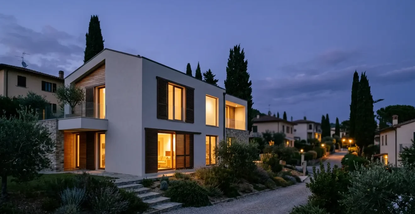 Casa moderna italiana con luci accese al crepuscolo e tapparelle parzialmente alzate per simulare presenza