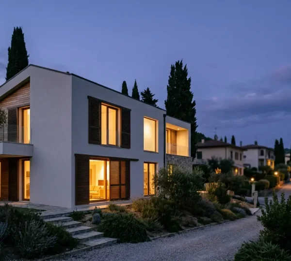Casa moderna italiana con luci accese al crepuscolo e tapparelle parzialmente alzate per simulare presenza