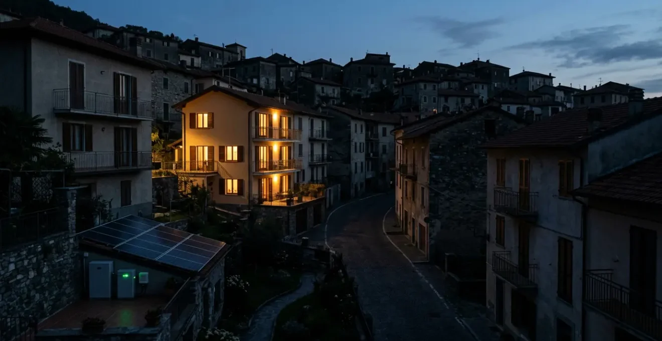 Vista notturna di un quartiere residenziale italiano con case illuminate e sistemi di backup attivi durante interruzione elettrica