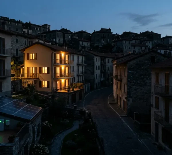 Vista notturna di un quartiere residenziale italiano con case illuminate e sistemi di backup attivi durante interruzione elettrica