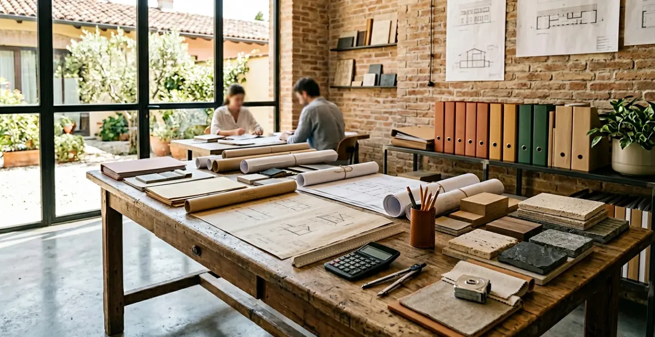 Confronto professionale di preventivi edili con documenti e strumenti di calcolo