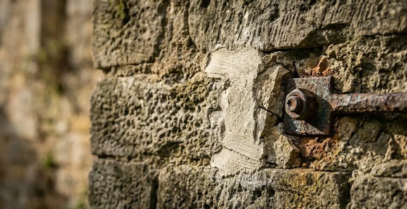 Dettaglio ravvicinato di un muro in pietra faccia a vista con segni di degrado e tecnica di consolidamento