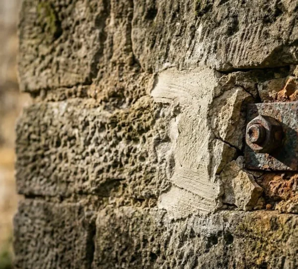 Dettaglio ravvicinato di un muro in pietra faccia a vista con segni di degrado e tecnica di consolidamento