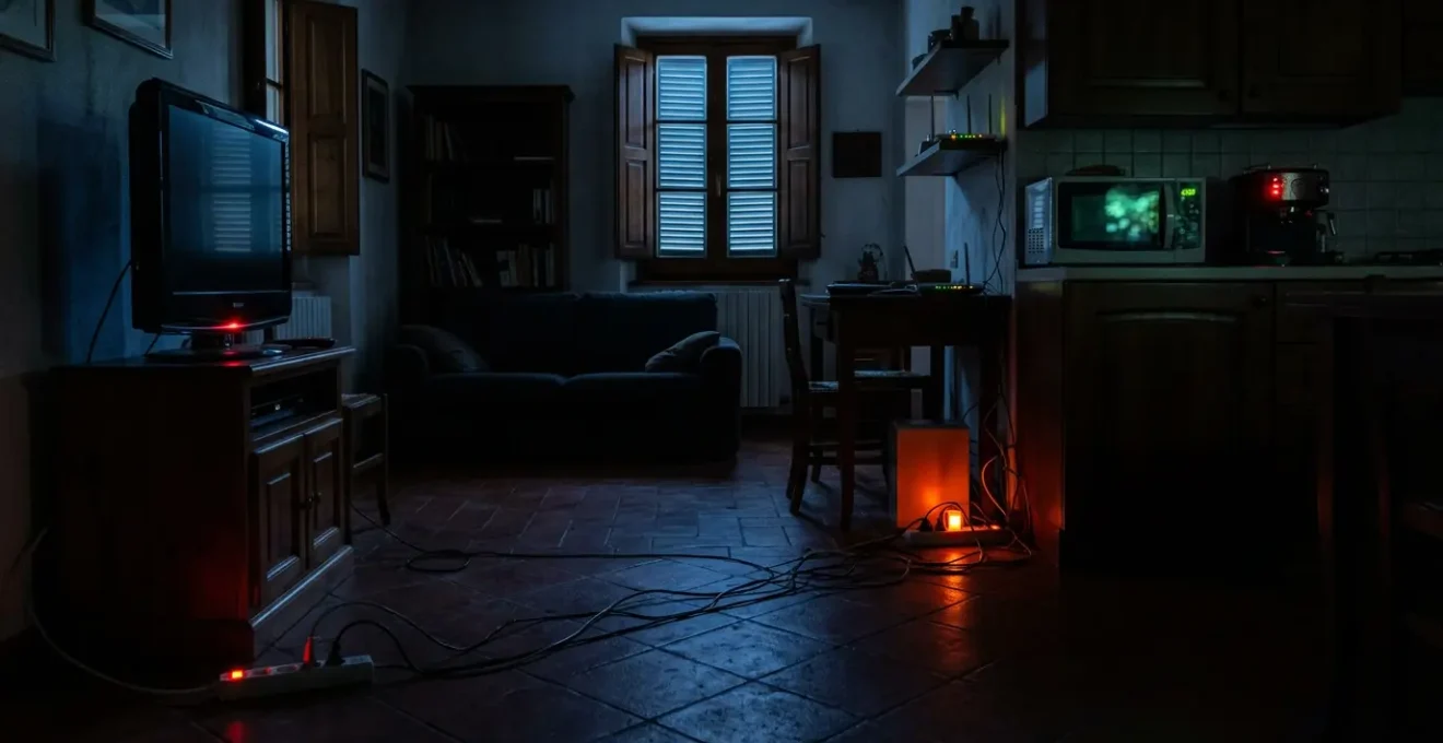Casa italiana con elettrodomestici in standby e spie luminose visibili nel buio