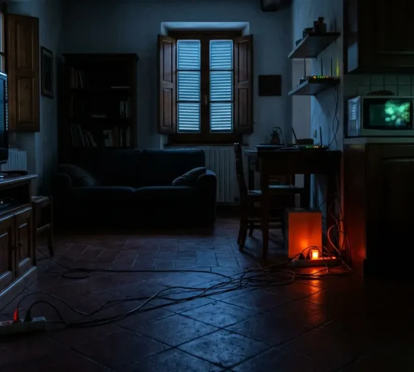 Casa italiana con elettrodomestici in standby e spie luminose visibili nel buio