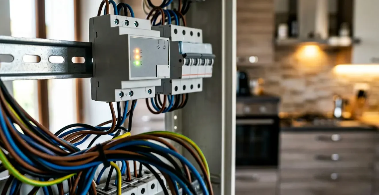 Quadro elettrico domestico italiano con contatore da 3kW e relè di controllo carichi