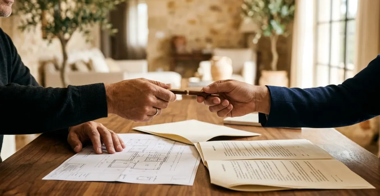 Firma di un contratto di ristrutturazione chiavi in mano con documenti e progetti edilizi