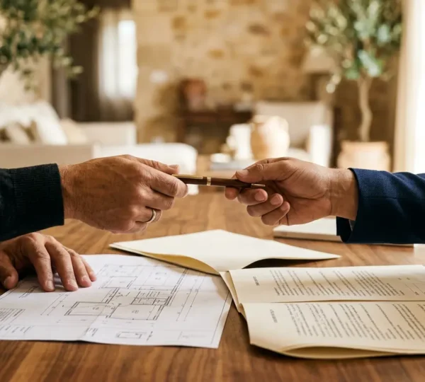 Firma di un contratto di ristrutturazione chiavi in mano con documenti e progetti edilizi