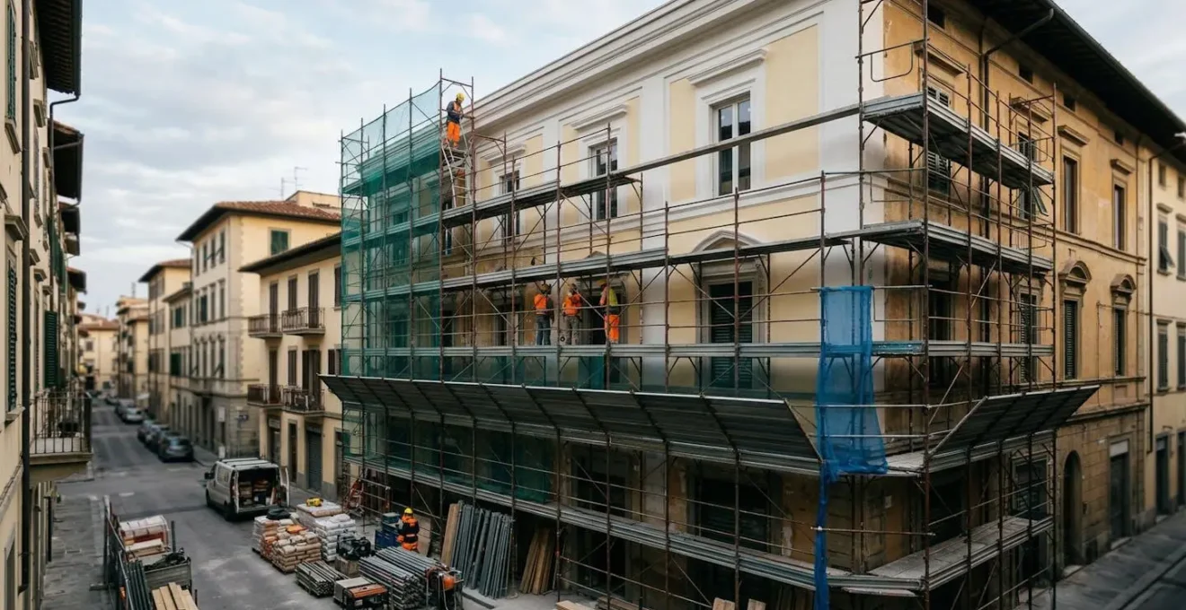 Vista di una facciata condominiale italiana in fase di ristrutturazione con ponteggi metallici installati