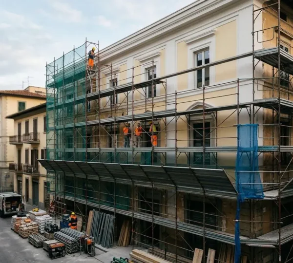Vista di una facciata condominiale italiana in fase di ristrutturazione con ponteggi metallici installati
