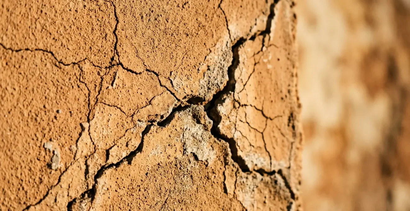 Dettaglio parete esterna con crepe dinamiche sotto stress termico