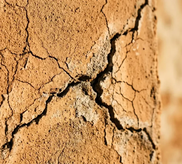 Dettaglio parete esterna con crepe dinamiche sotto stress termico