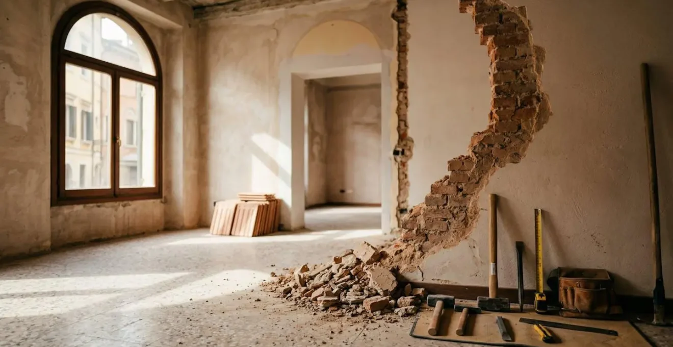 Cantiere di demolizione di tramezzi interni con operaio e strumenti professionali