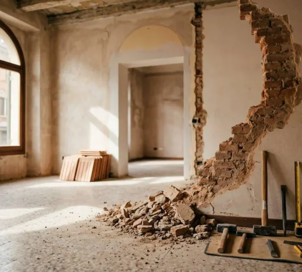 Cantiere di demolizione di tramezzi interni con operaio e strumenti professionali