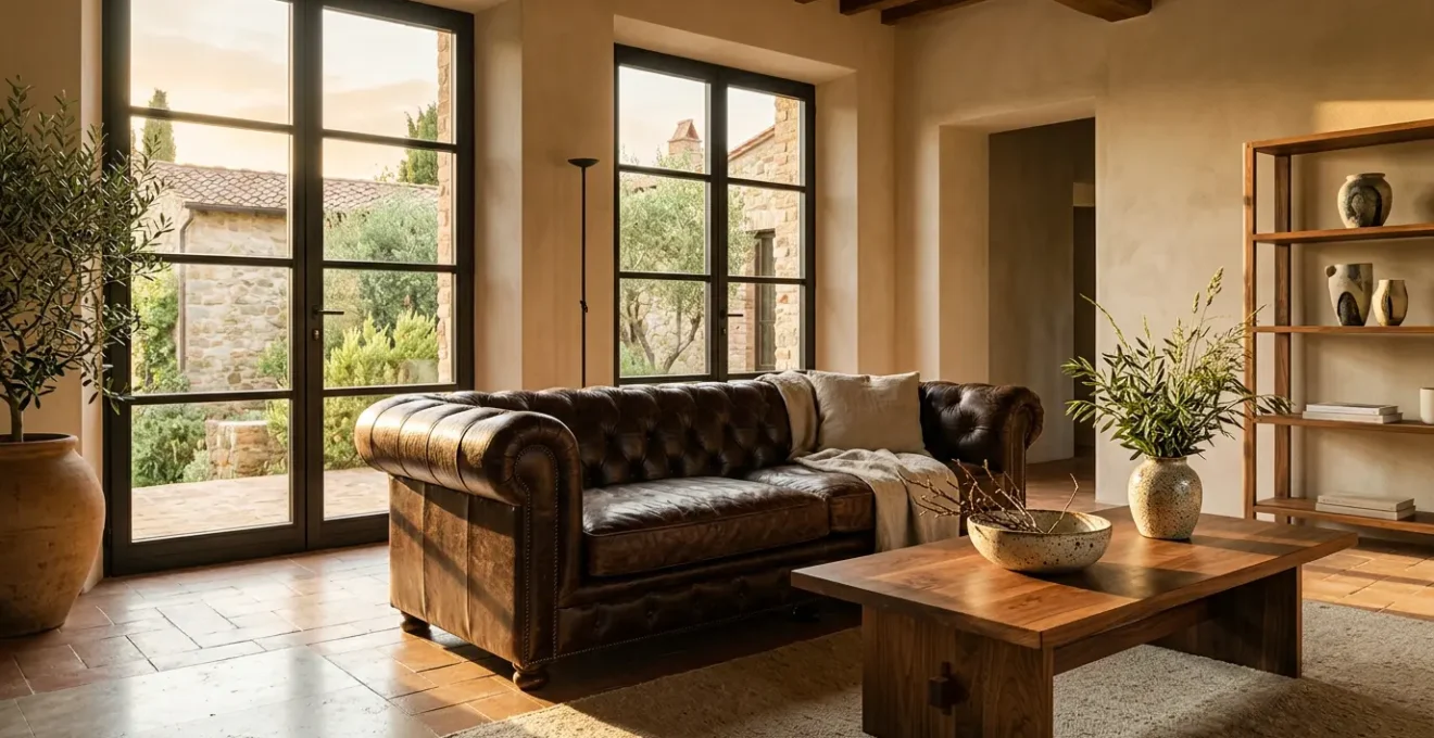 Interno elegante italiano con mobili di design artigianali e materiali pregiati