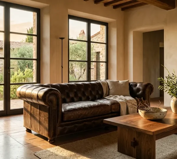 Interno elegante italiano con mobili di design artigianali e materiali pregiati