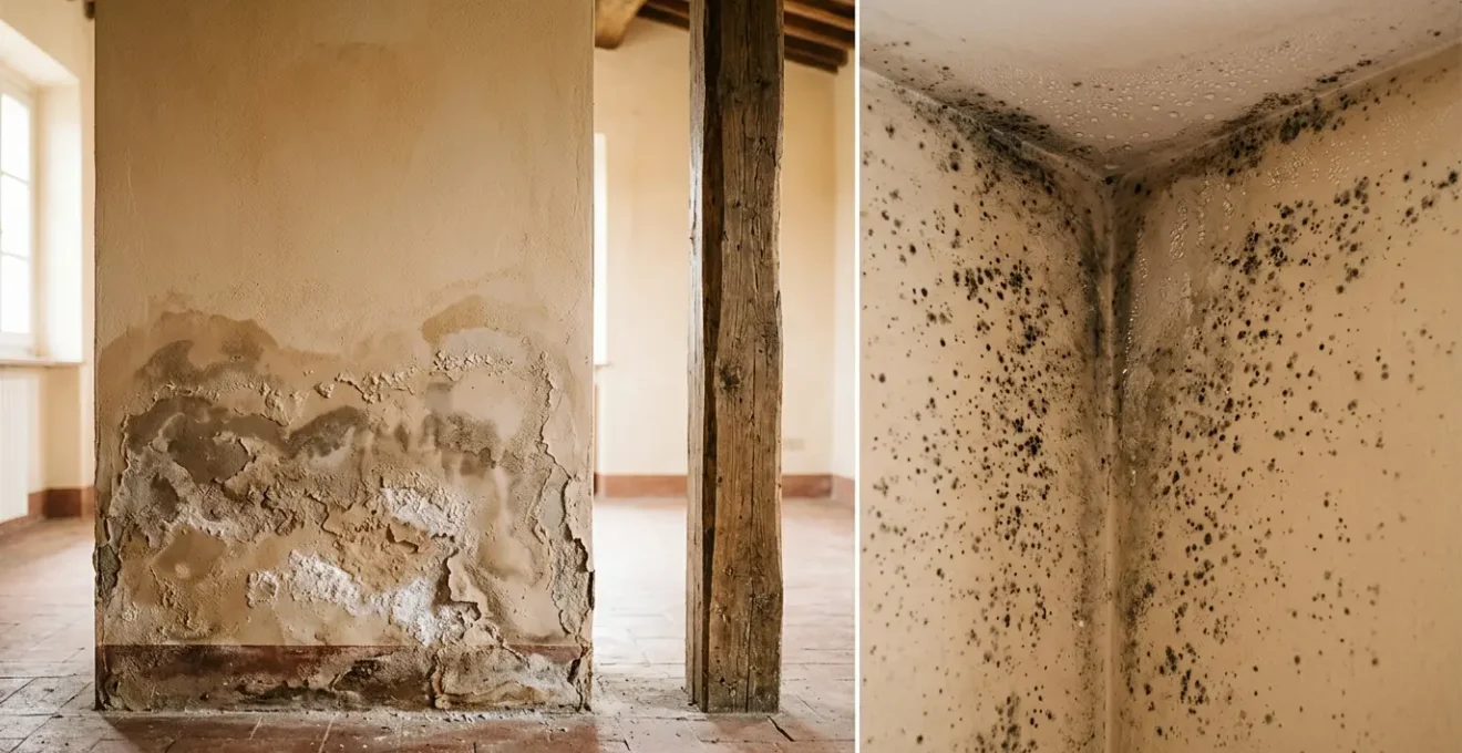 Confronto visivo tra umidità di risalita e condensa su pareti domestiche