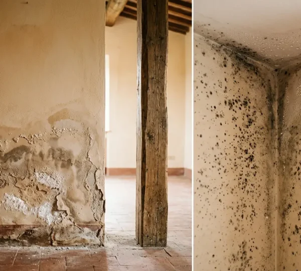 Confronto visivo tra umidità di risalita e condensa su pareti domestiche