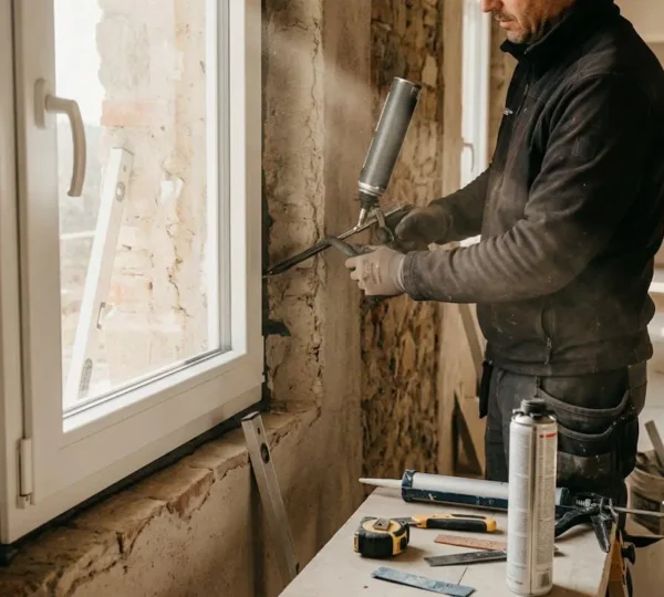 Vista dettagliata dell'installazione professionale di una finestra in PVC con materiali di sigillatura adeguati