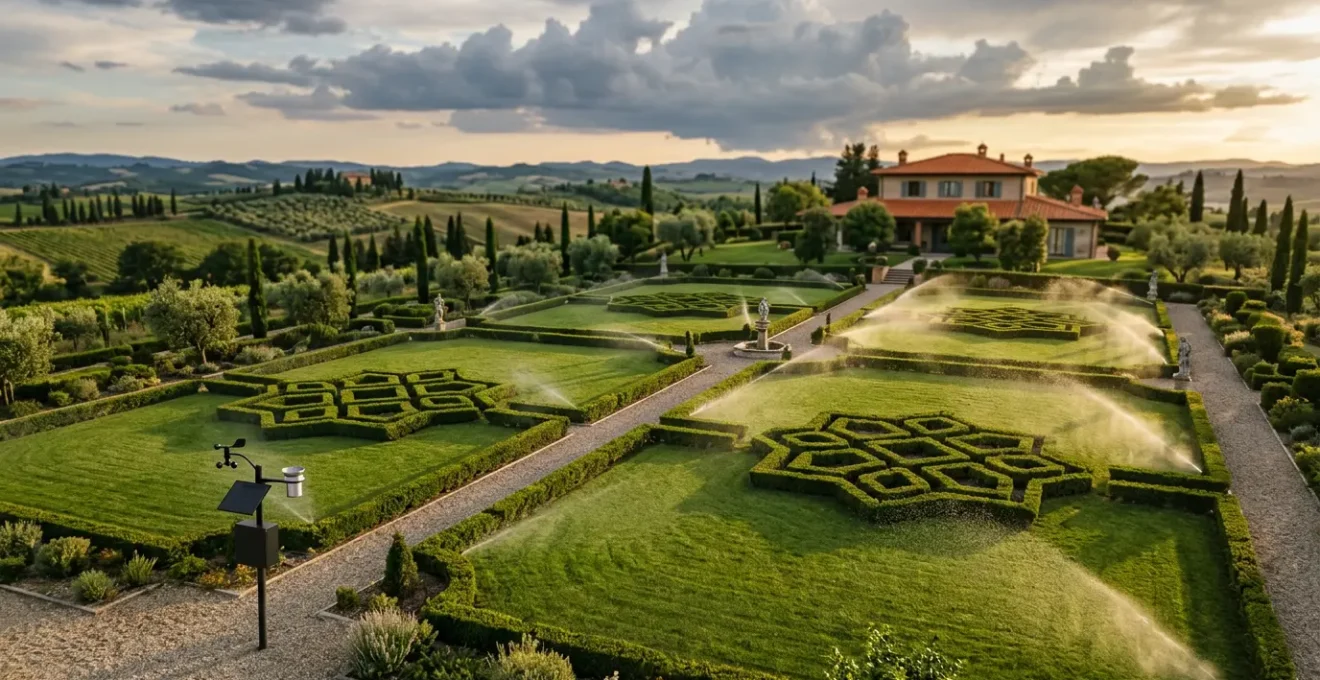 Vista aerea di un giardino italiano rigoglioso con sistema di irrigazione smart che si adatta alle condizioni meteorologiche