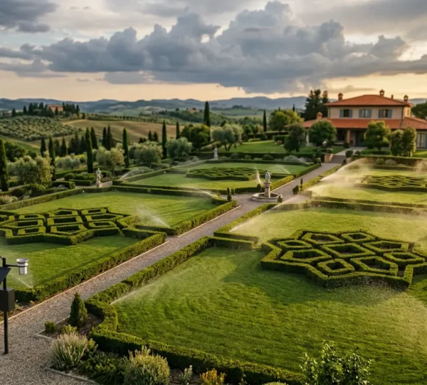 Vista aerea di un giardino italiano rigoglioso con sistema di irrigazione smart che si adatta alle condizioni meteorologiche