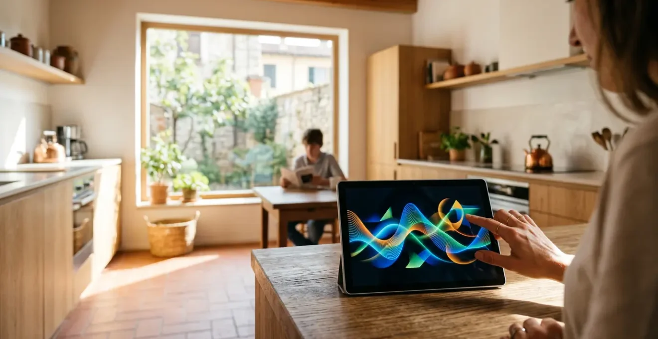 Vista di una moderna casa italiana con grafico dei consumi elettrici in primo piano e famiglia che monitora i dati energetici