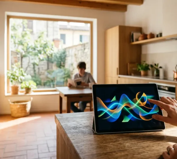 Vista di una moderna casa italiana con grafico dei consumi elettrici in primo piano e famiglia che monitora i dati energetici