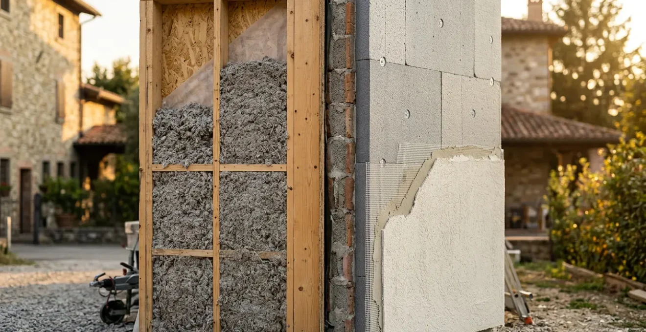 Confronto visivo tra insufflaggio nelle intercapedini e cappotto termico esterno su edificio residenziale