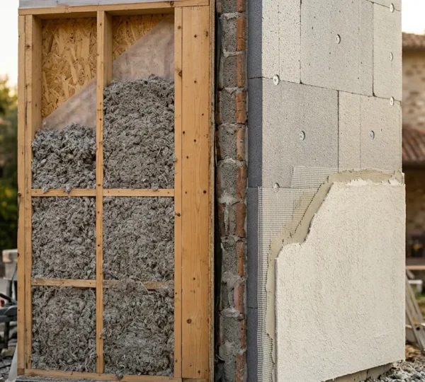 Confronto visivo tra insufflaggio nelle intercapedini e cappotto termico esterno su edificio residenziale