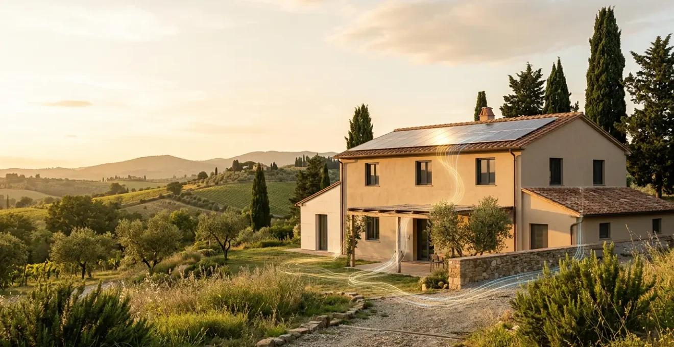 Vista moderna di una casa italiana con pannelli solari e interventi di efficientamento energetico visibili