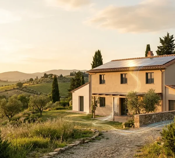 Vista moderna di una casa italiana con pannelli solari e interventi di efficientamento energetico visibili