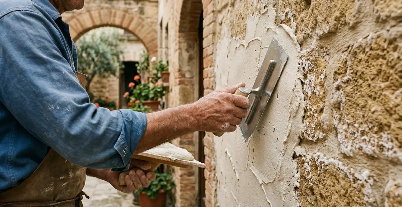 Applicazione professionale di intonaco macroporoso su muro in pietra italiana con evidenze di umidità