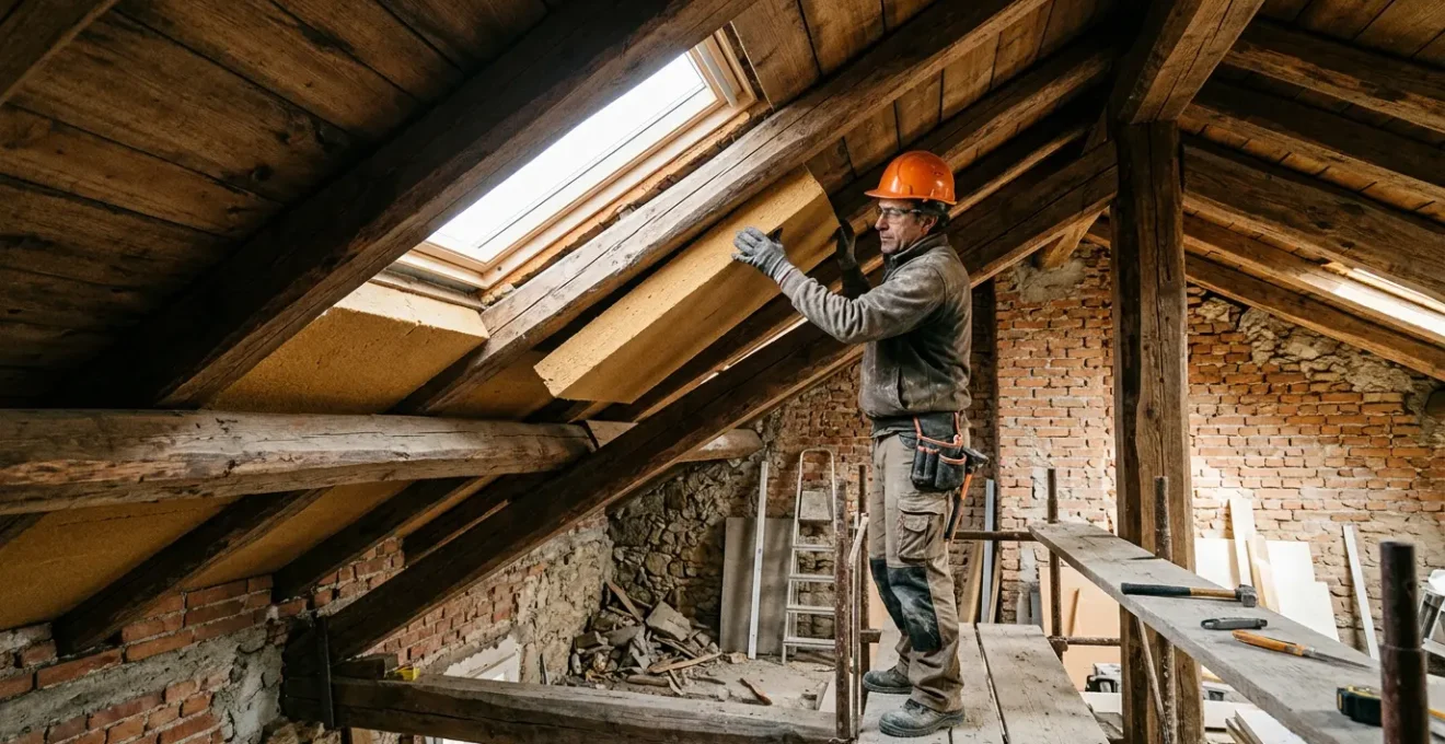 Isolamento termico professionale del tetto di una mansarda italiana con operaio che installa pannelli isolanti