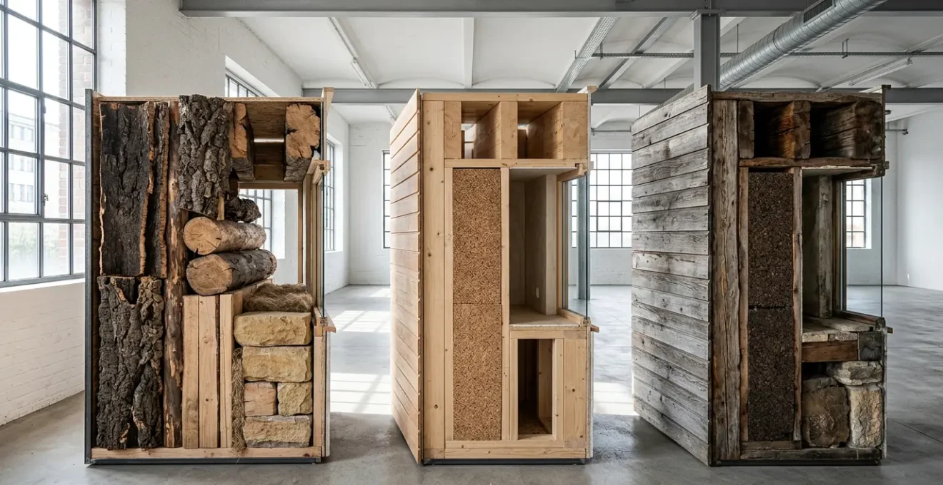 Vista comparativa di materiali da costruzione sostenibili con ciclo di vita lungo disposti in sezione temporale